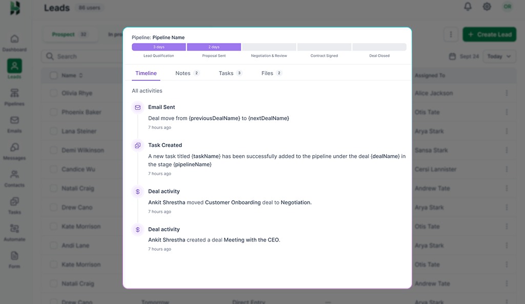 Sales pipeline progress and activity log