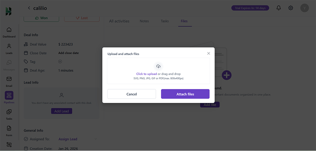 CRM file upload and attachment popup window