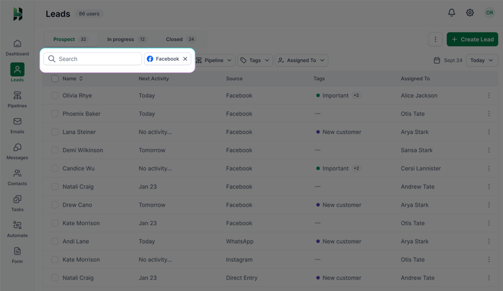 Searching and filtering leads by tag