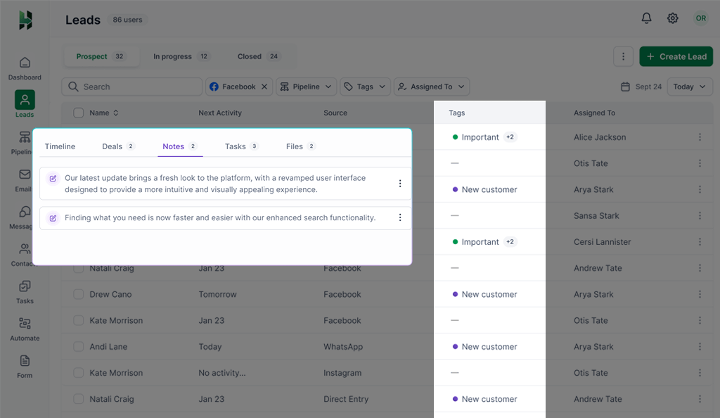 leads with tags and note