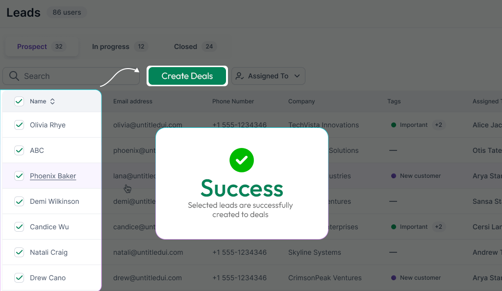 Selecting bulk of leads and creating deal