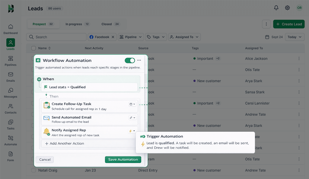 Lead qualification automation setup screen