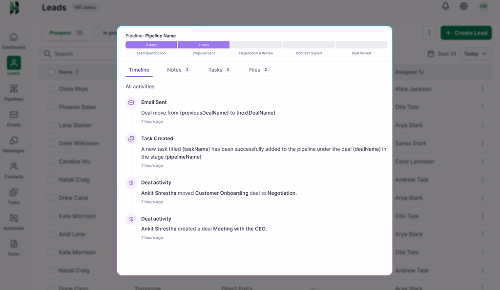 sales pipeline progress and activity log