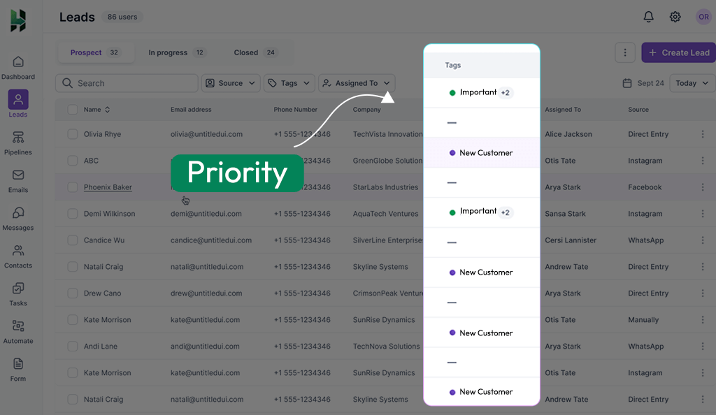 list showcasing Leads priority in CRM system