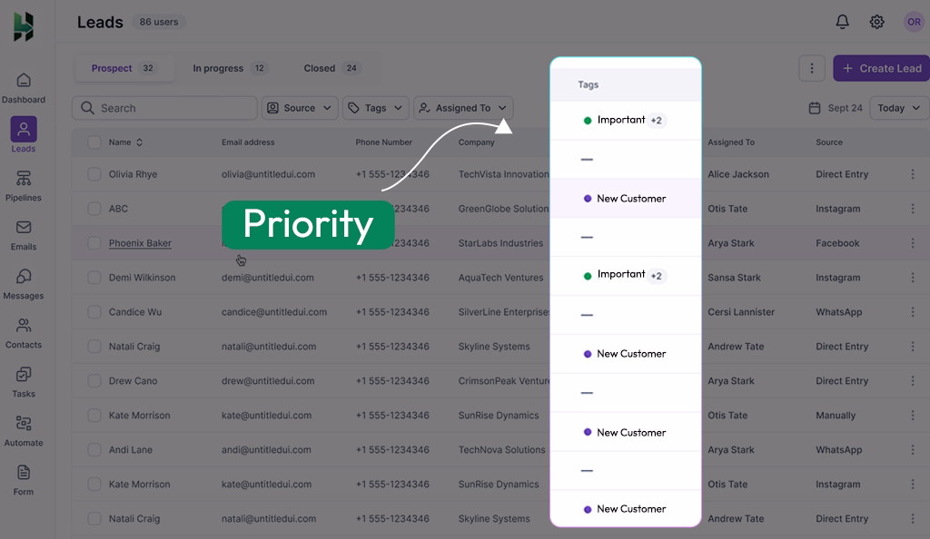 list showcasing Leads priority in crm system