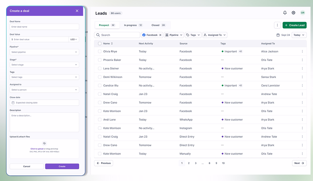 manually creating leads and tracking their stage