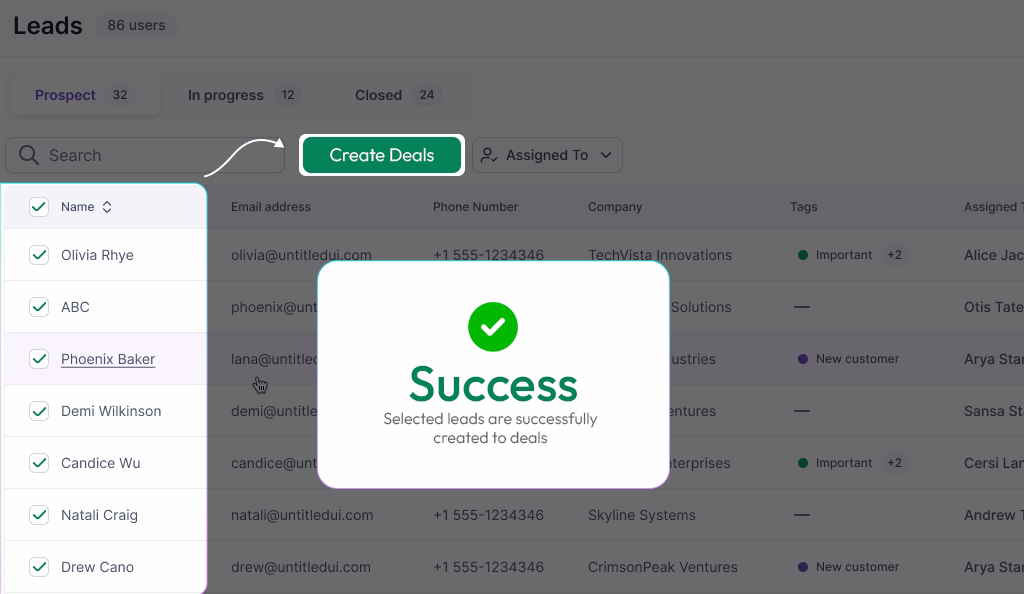 selecting bulk of leads and creating deal